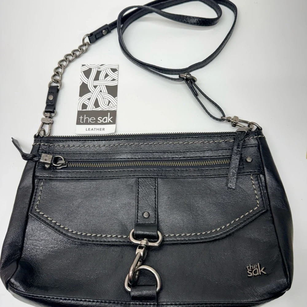 The Sak Ventura Black Leather Chain-Accent Crossbody Bag